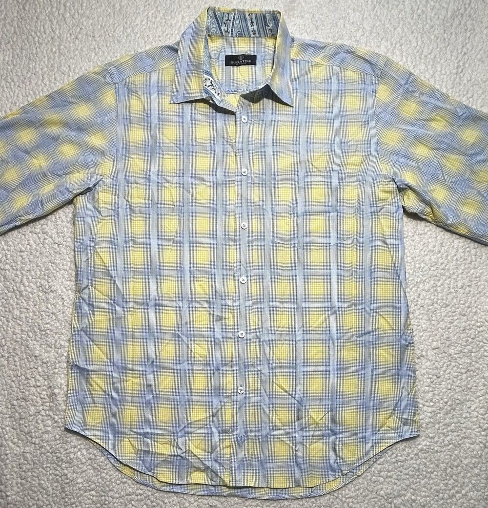 Bugatchi Uomo Men's XL Shirt Plaid Yellow Blue 100% Cotton Paisley Accent Collar